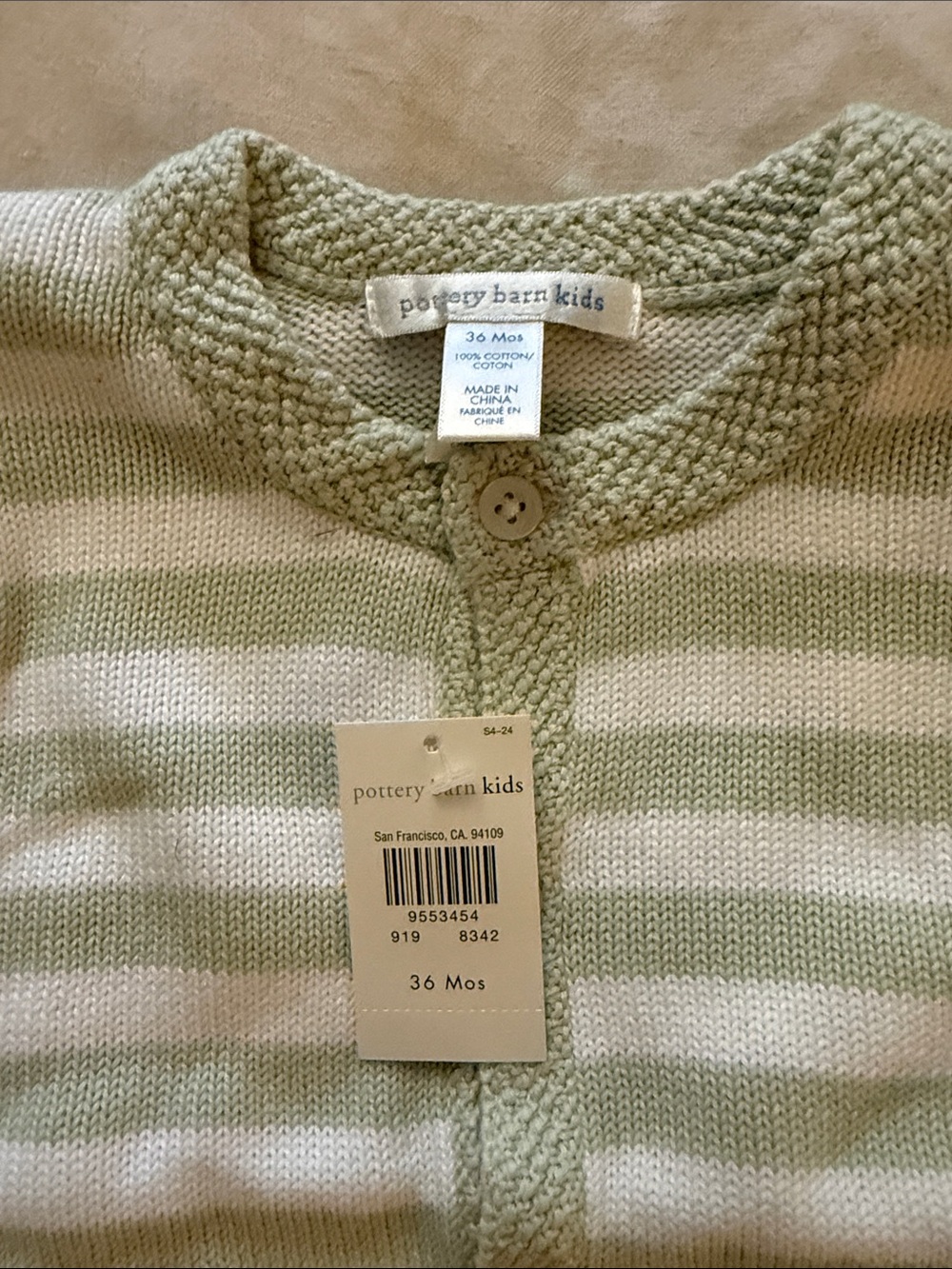 Pottery barn kids Striped Knit Baby Cardigan - Light Sage and White 3T (36 mos)